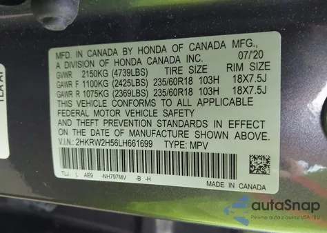 2020 Honda Cr-V Awd Ex из США, поврежденный, VIN 2HKRW2H56LH661699